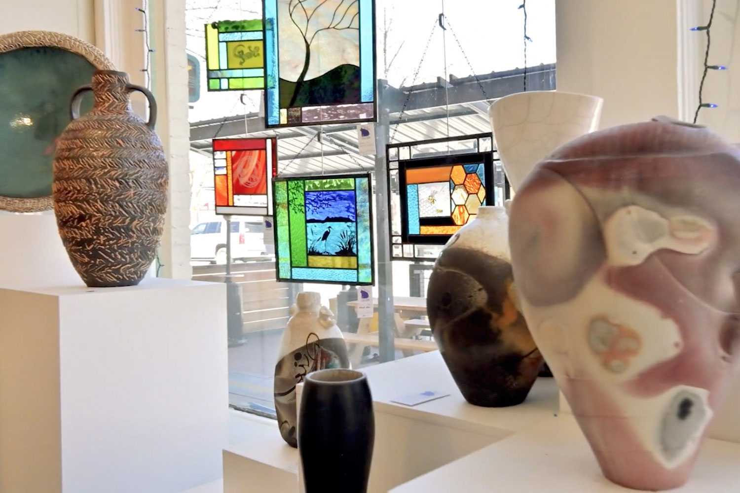 Vases and stained glass at the Blue Pig Gallery in Palisade, Colorado 