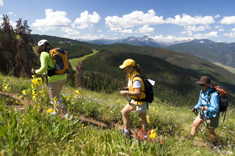 Three hiker head on a trail uphill. They wear backpacks and carry trekking poles. 
