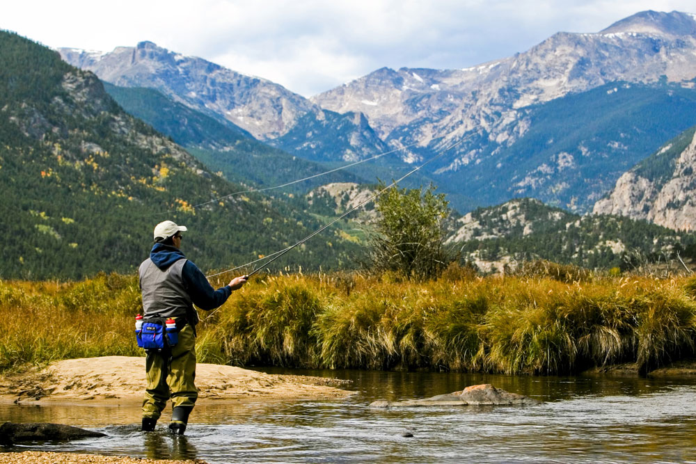 A man stream fishing in Rocky Mountain National Park with fall colors and mountain peaks rising in the distance
